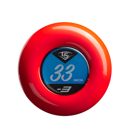 A round, red knob sticker with a blue center showing "33 INCH" and "-3" in white, plus a black and white Louisville Slugger logo, made to fit the 2025 Louisville Slugger Dynasty (-3) BBCOR Baseball Bat: WBL2969010. Shown on a white background.