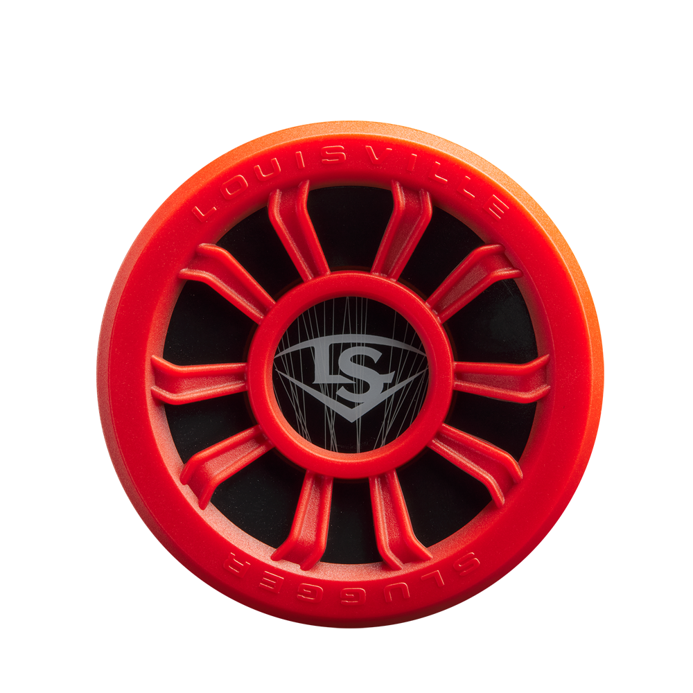 A red end cap with black spokes and the “LS” Louisville Slugger logo, designed for the 2025 Louisville Slugger Dynasty (-3) BBCOR Baseball Bat: WBL2969010, pictured against a white background.