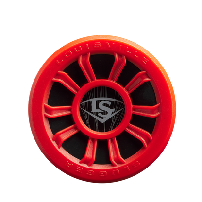 A red end cap with black spokes and the “LS” Louisville Slugger logo, designed for the 2025 Louisville Slugger Dynasty (-3) BBCOR Baseball Bat: WBL2969010, pictured against a white background.
