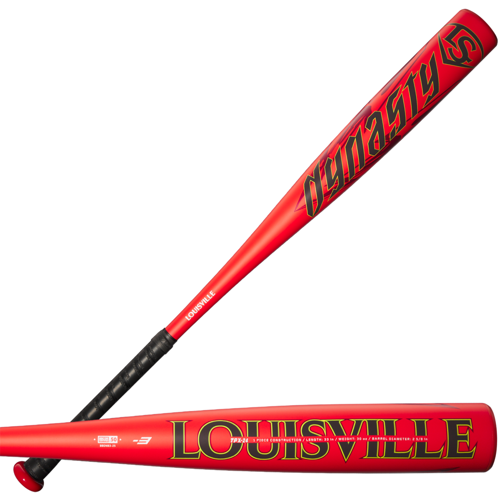 Two 2025 Louisville Slugger Dynasty (-3) BBCOR Baseball Bats (WBL2969010) are pictured, one from the side and one from above, showing bold black and gold graphics, TPX-24 Alloy build, and black handle grips.