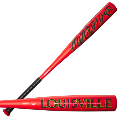 Two 2025 Louisville Slugger Dynasty (-3) BBCOR Baseball Bats (WBL2969010) are pictured, one from the side and one from above, showing bold black and gold graphics, TPX-24 Alloy build, and black handle grips.