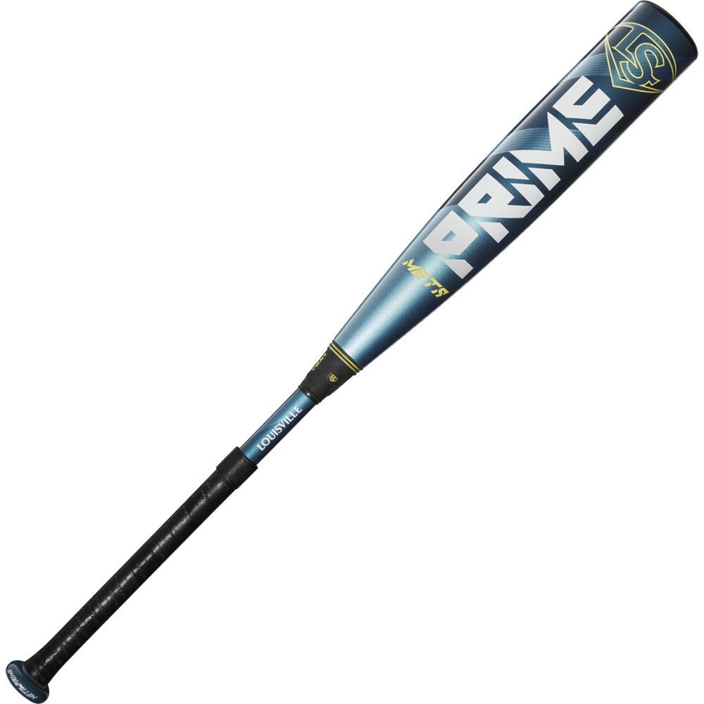The 2025 Louisville Slugger Meta Prime (-10) USSSA Baseball Bat (WBL2970010) features a blue and black composite barrel, "PRIME" in bold white letters, yellow accents near the top, and a 2 3/4" barrel diameter.