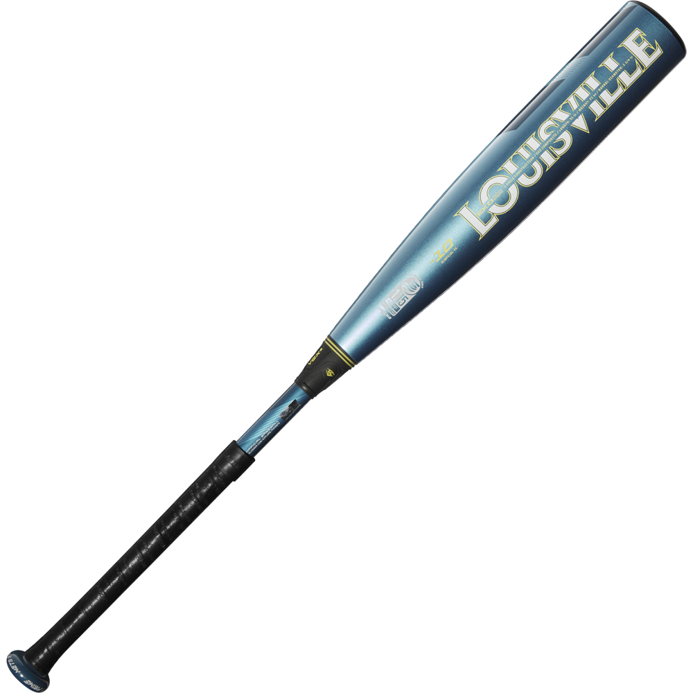The 2025 Louisville Slugger Meta Prime (-10) USSSA baseball bat features a metallic blue and black barrel with bold yellow LOUISVILLE lettering and a secure black grip tape handle. Model: WBL2970010.
