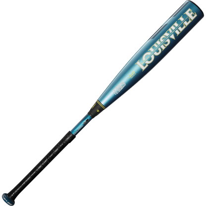 The 2025 Louisville Slugger Meta Prime (-10) USSSA baseball bat features a metallic blue and black barrel with bold yellow LOUISVILLE lettering and a secure black grip tape handle. Model: WBL2970010.