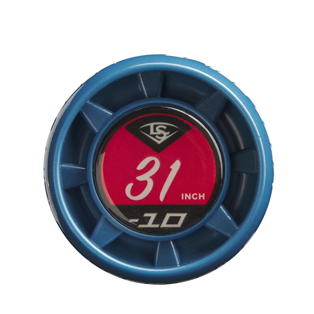 Close-up of the 2025 Louisville Slugger Meta Prime (-10) 2 3/4" USSSA Baseball Bat knob, featuring a blue finish, red sticker with "31 INCH -10" in white text, black logo above, and a composite barrel design.