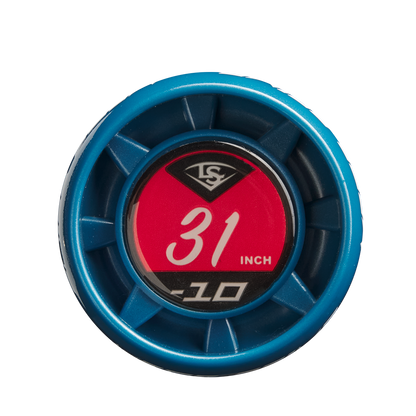 Close-up of the 2025 Louisville Slugger Meta Prime (-10) 2 3/4" USSSA Baseball Bat knob, featuring a blue finish, red sticker with "31 INCH -10" in white text, black logo above, and a composite barrel design.