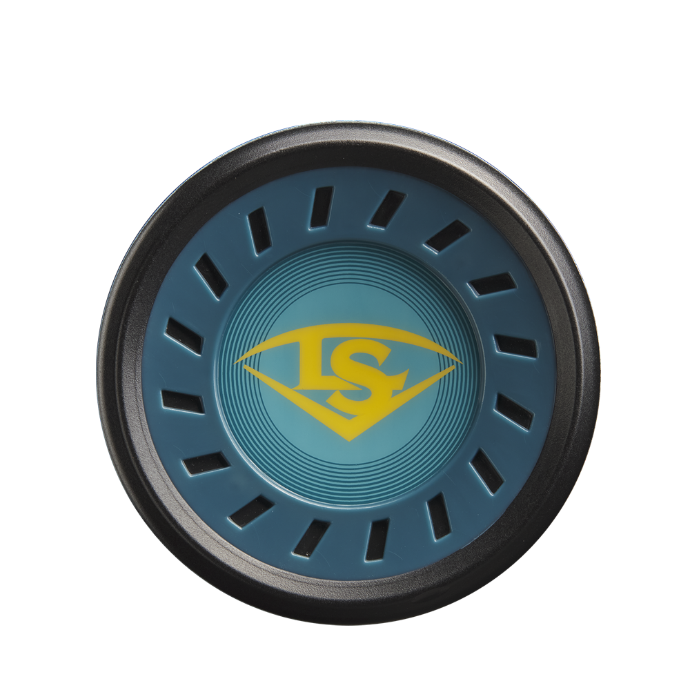 A teal yo-yo with a black rim features a yellow LS logo inspired by the Louisville Slugger Meta Prime (-10) USSSA Baseball Bat (WBL2970010), set against a plain white background.