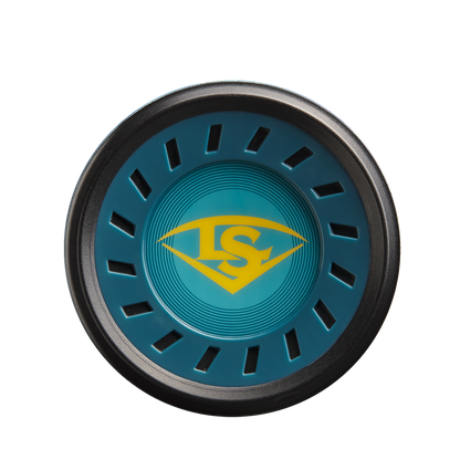 A teal yo-yo with a black rim features a yellow LS logo inspired by the Louisville Slugger Meta Prime (-10) USSSA Baseball Bat (WBL2970010), set against a plain white background.