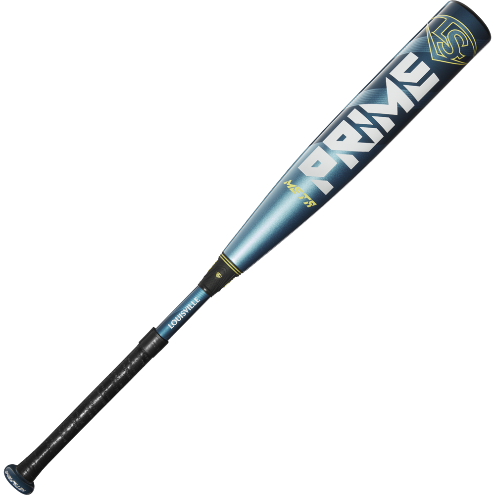 The 2025 Louisville Slugger Meta Prime (-8) USSSA Baseball Bat (WBL2971010) features a blue and black composite design with PRIME in bold white letters and yellow accents—ideal for any USSSA lineup.