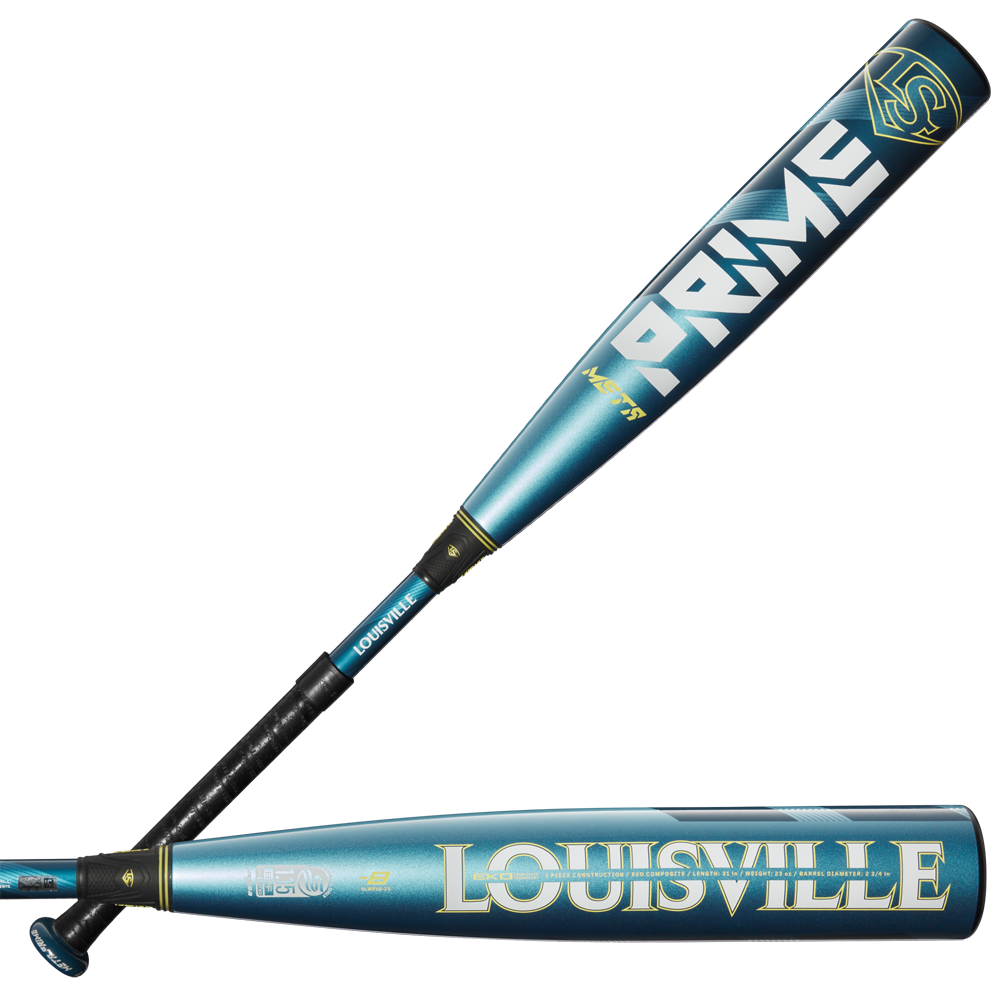 Two blue and black 2025 Louisville Slugger Meta Prime (-8) 2 3/4" USSSA Baseball Bats (WBL2971010 DEMO) are shown, each featuring PRIME or LOUISVILLE graphics with yellow and white accents—top picks for USSSA play.