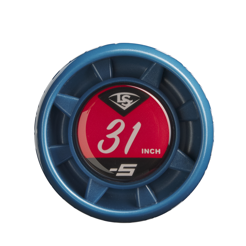 A close-up of the blue and red Louisville Slugger Meta Prime (-5) 2 3/4" USSSA Baseball Bat (WBL2972010 DEMO) knob shows "31 INCH" and "-5" on the end cap, plus a white Louisville Slugger logo at the top.