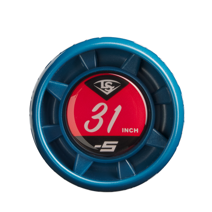 A close-up of the blue and red Louisville Slugger Meta Prime (-5) 2 3/4" USSSA Baseball Bat (WBL2972010 DEMO) knob shows "31 INCH" and "-5" on the end cap, plus a white Louisville Slugger logo at the top.