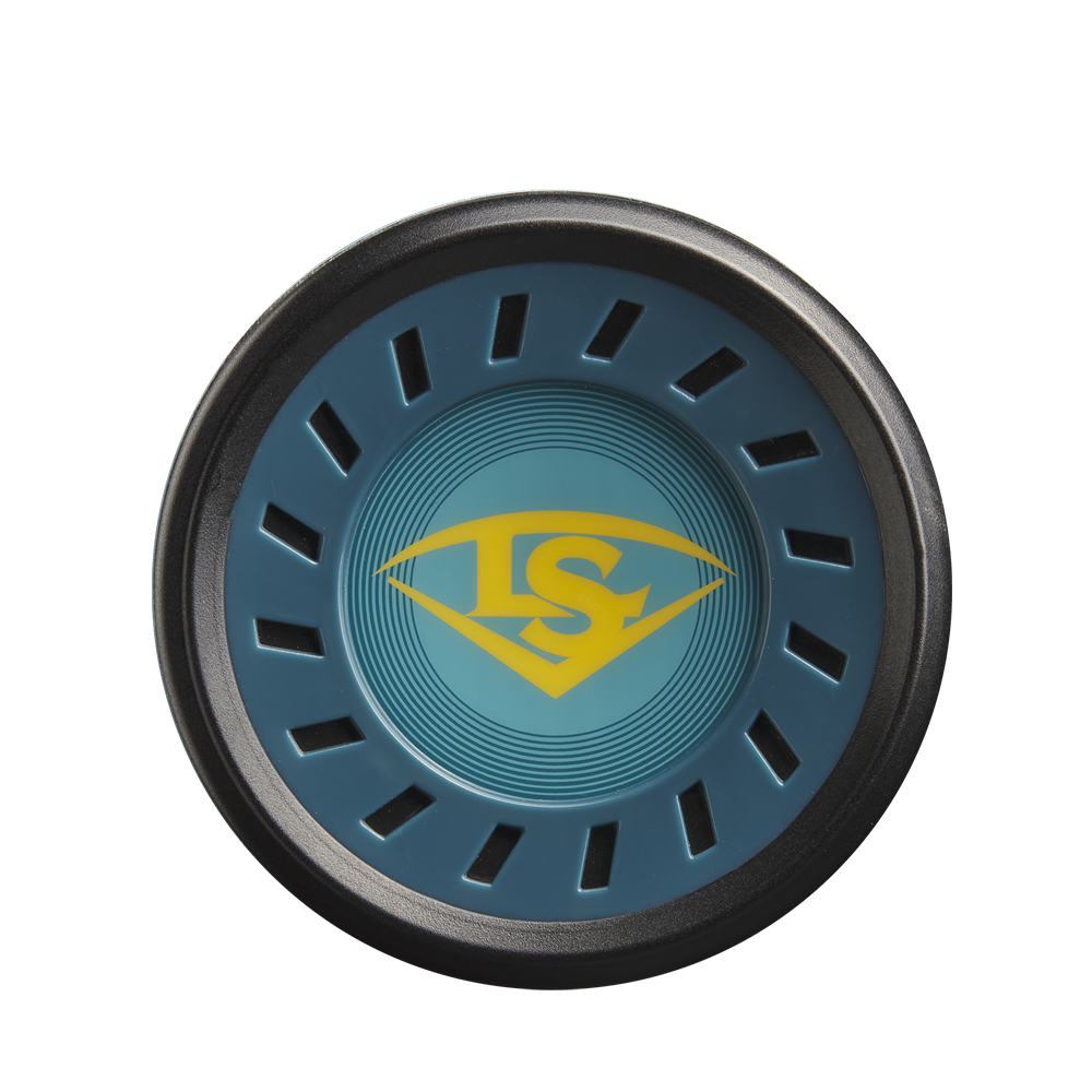 A blue circular end cap featuring a yellow S shield, black and blue radial accents, as seen on the 2025 Louisville Slugger Meta Prime (-5) 2 3/4" USSSA Baseball Bat: WBL2972010 (DEMO), viewed from above.