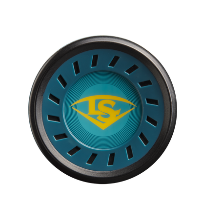 A blue circular end cap featuring a yellow S shield, black and blue radial accents, as seen on the 2025 Louisville Slugger Meta Prime (-5) 2 3/4" USSSA Baseball Bat: WBL2972010 (DEMO), viewed from above.