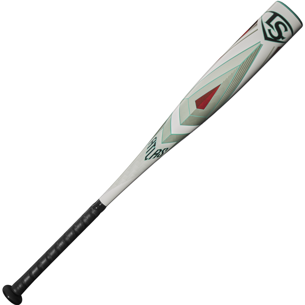The 2025 Louisville Slugger Atlas (-10) 2 3/4" USSSA Baseball Bat (WBL2979010) features a lightweight alloy build, white and gray body with red and green geometric designs, black grip, and is perfect for youth travel baseball.