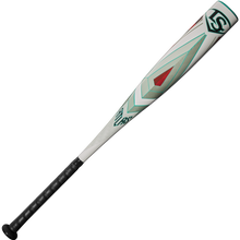 The 2025 Louisville Slugger Atlas (-10) 2 3/4" USSSA Baseball Bat (WBL2979010) features a lightweight alloy build, white and gray body with red and green geometric designs, black grip, and is perfect for youth travel baseball.