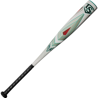 The 2025 Louisville Slugger Atlas (-10) 2 3/4" USSSA Baseball Bat (WBL2979010) features a lightweight alloy build, white and gray body with red and green geometric designs, black grip, and is perfect for youth travel baseball.