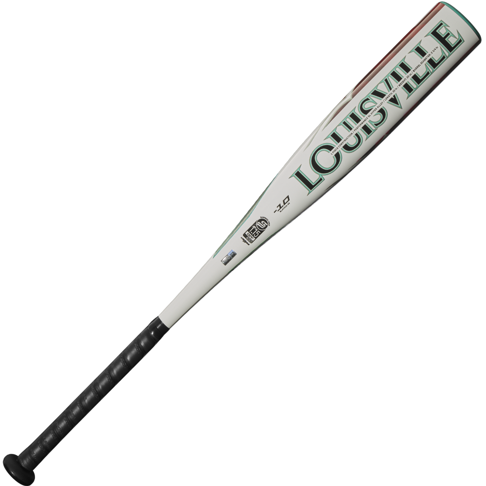 The 2025 Louisville Slugger Atlas (-10) 2 3/4" USSSA Baseball Bat (WBL2979010) is a white youth travel bat with black grip tape and green LOUISVILLE lettering, offering a lightweight alloy design ideal for young players.