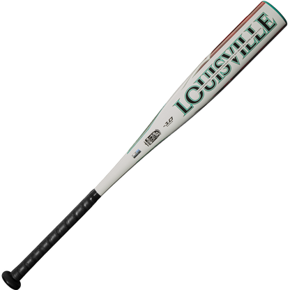 The 2025 Louisville Slugger Atlas (-10) 2 3/4" USSSA Baseball Bat (WBL2979010) is a white youth travel bat with black grip tape and green LOUISVILLE lettering, offering a lightweight alloy design ideal for young players.
