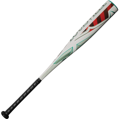 The 2025 Louisville Slugger Atlas (-10) 2 3/4" USSSA Baseball Bat (WBL2979010) features a white design with black grip tape plus green and red accents, offering a lightweight alloy build perfect for youth travel baseball teams.