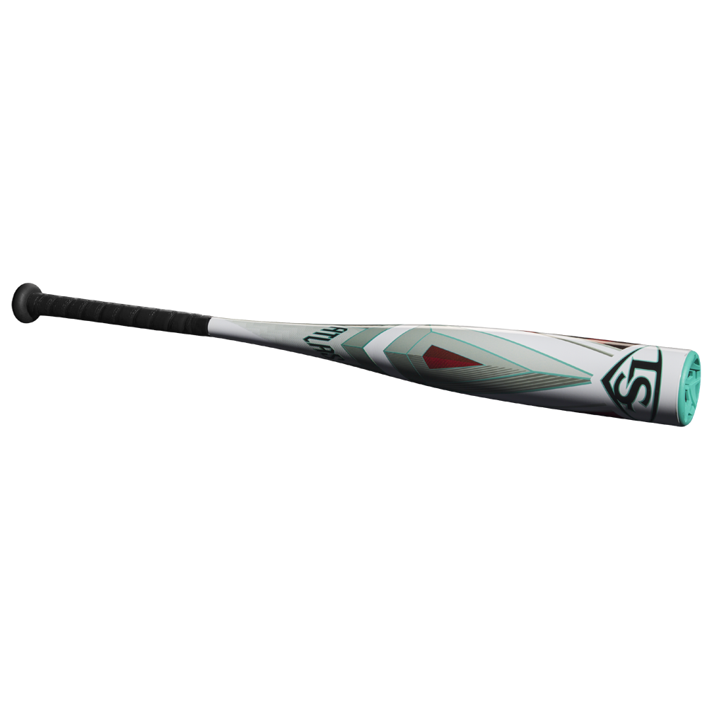 The 2025 Louisville Slugger Atlas (-10) USSSA Baseball Bat, featuring a white body, black grip, teal end cap, and geometric teal, red, and gray barrel designs, is shown against a plain white background.