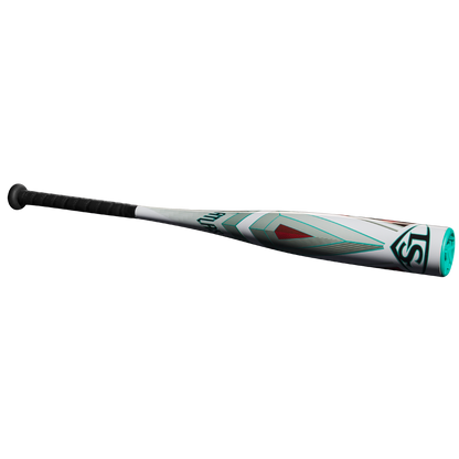 The 2025 Louisville Slugger Atlas (-10) USSSA Baseball Bat, featuring a white body, black grip, teal end cap, and geometric teal, red, and gray barrel designs, is shown against a plain white background.