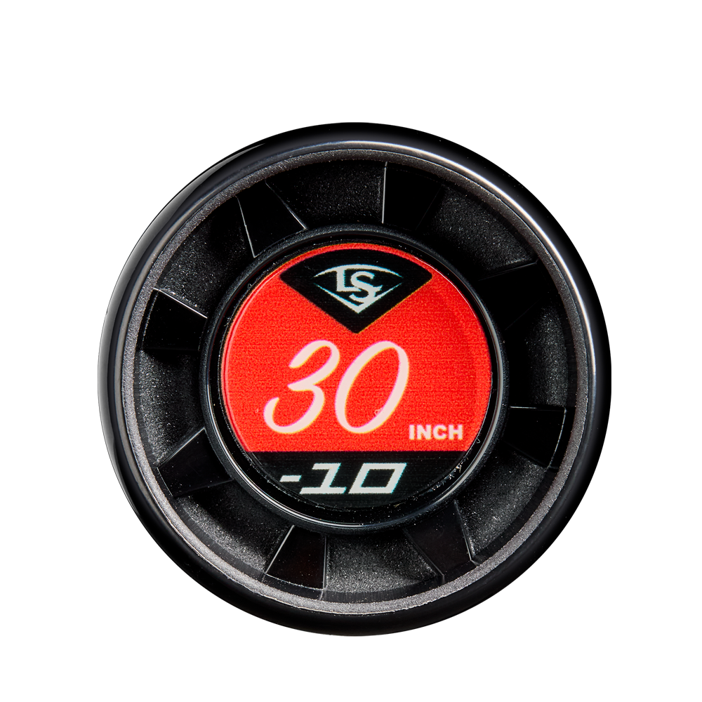 A close-up of a circular label with a red center showing "30 INCH" and "-10" in white text, ringed by black grooves, is featured on the 2025 Louisville Slugger Atlas (-10) 2 3/4" USSSA Baseball Bat: WBL2979010.