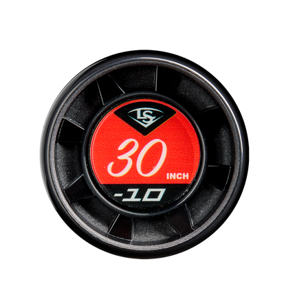 A close-up of a circular label with a red center showing "30 INCH" and "-10" in white text, ringed by black grooves, is featured on the 2025 Louisville Slugger Atlas (-10) 2 3/4" USSSA Baseball Bat: WBL2979010.