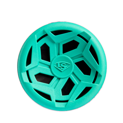 A teal, round plastic object with a web-like design and LS logo—echoing the 2025 Louisville Slugger Atlas (-10) 2 3/4" USSSA Baseball Bat: WBL2979010—is seen from above on a white background.
