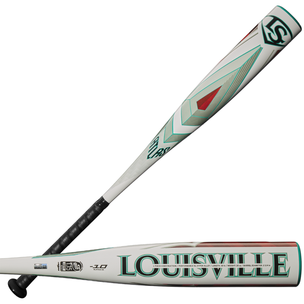 Two views of the 2025 Louisville Slugger Atlas (-10) 2 3/4" USSSA Baseball Bat (WBL2979010), a lightweight white and green alloy youth bat with geometric designs, barrel brand logo, and black handle grip.