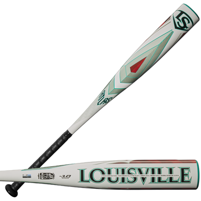 Two views of the 2025 Louisville Slugger Atlas (-10) 2 3/4" USSSA Baseball Bat (WBL2979010), a lightweight white and green alloy youth bat with geometric designs, barrel brand logo, and black handle grip.