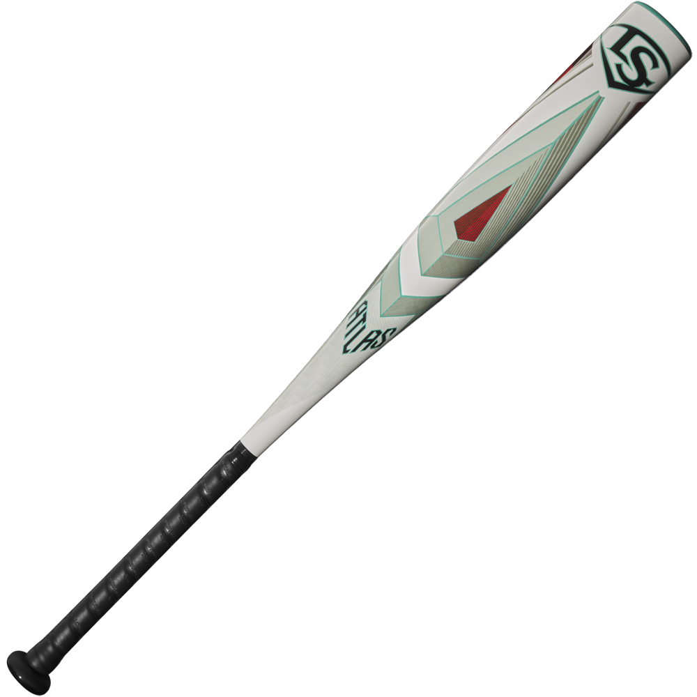 The 2025 Louisville Slugger Atlas (-8) USSSA Baseball Bat (WBL2980010) features a white and black design with geometric red, green, and gray accents on its SL Hyper Alloy Barrel, a lightweight one-piece alloy build, and a black textured grip.