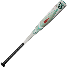 The 2025 Louisville Slugger Atlas (-8) USSSA Baseball Bat (WBL2980010) features a white and black design with geometric red, green, and gray accents on its SL Hyper Alloy Barrel, a lightweight one-piece alloy build, and a black textured grip.