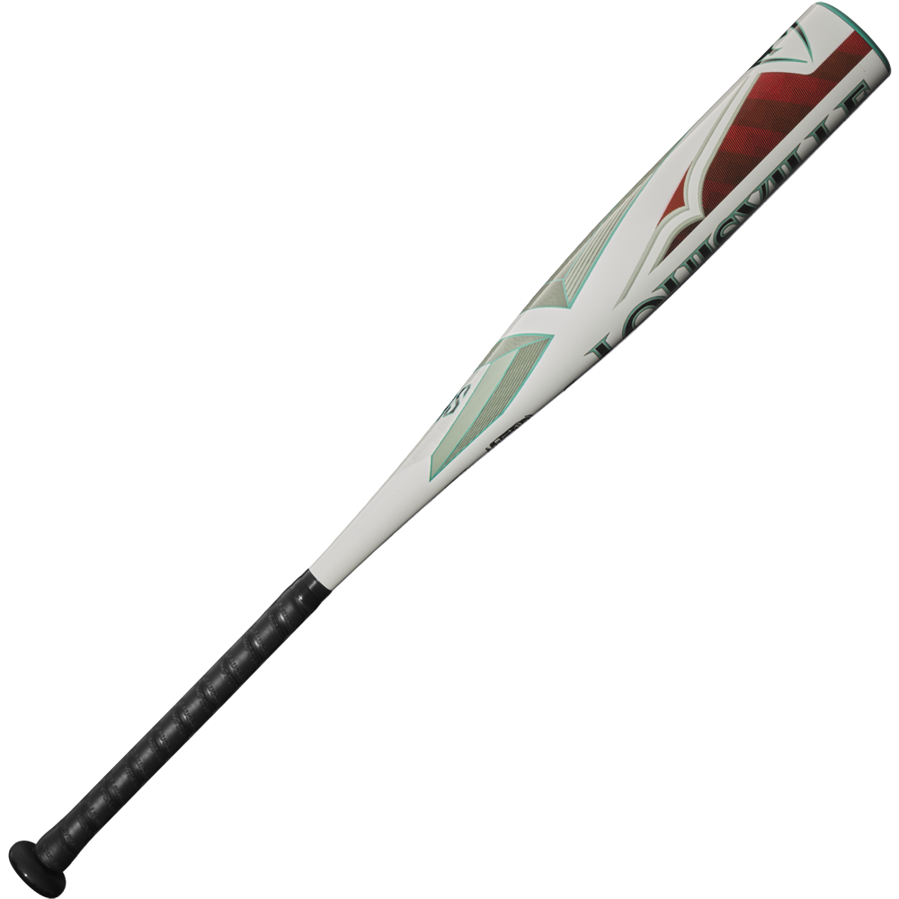 The 2025 Louisville Slugger Atlas (-8) USSSA Baseball Bat (WBL2980010) features a lightweight alloy build, black grip, and teal/red geometric barrel designs for a balanced swing. Shown on a plain white background.