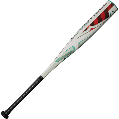 The 2025 Louisville Slugger Atlas (-8) 2 3/4" USSSA Baseball Bat (WBL2980010) features a white and silver lightweight alloy design with a black grip and colorful barrel accents, offering balanced swing weight for enhanced performance.