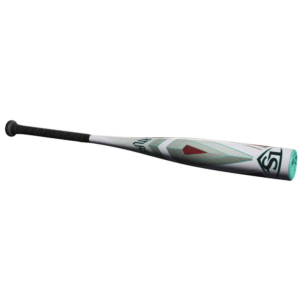The 2025 Louisville Slugger Atlas (-8) 2 3/4" USSSA Baseball Bat (WBL2980010) features a lightweight one-piece SL Hyper Alloy Barrel, black grip, and teal, red, and gray geometric designs on a silver barrel with a white background.