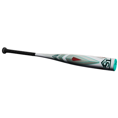 The 2025 Louisville Slugger Atlas (-8) 2 3/4" USSSA Baseball Bat (WBL2980010) features a lightweight one-piece SL Hyper Alloy Barrel, black grip, and teal, red, and gray geometric designs on a silver barrel with a white background.