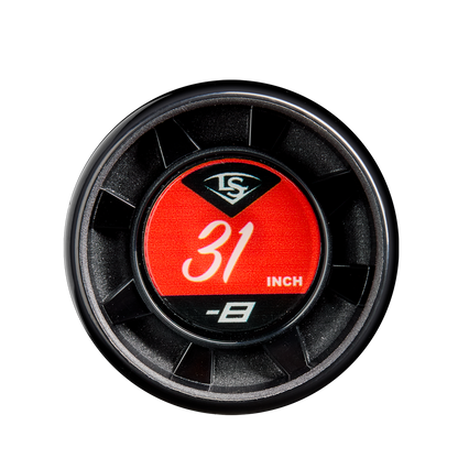 A close-up of the Louisville Slugger Atlas (-8) 2 3/4" USSSA Baseball Bat (2025, WBL2980010) logo highlights its lightweight one-piece alloy construction.