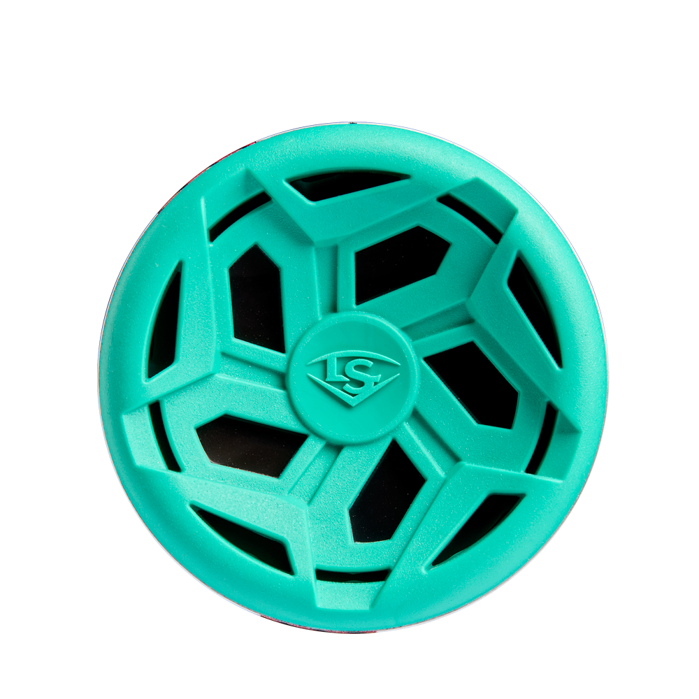 A teal plastic toy modeled after the 2025 Louisville Slugger Atlas (-8) 2 3/4" USSSA Baseball Bat, with geometric cutouts and an embossed LS logo in the center, sits on a white background.