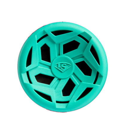 A teal plastic toy modeled after the 2025 Louisville Slugger Atlas (-8) 2 3/4" USSSA Baseball Bat, with geometric cutouts and an embossed LS logo in the center, sits on a white background.
