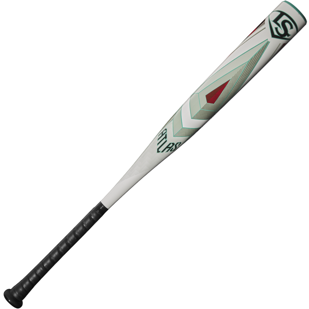 The 2025 Louisville Slugger Atlas (-5) 2 5/8" USSSA Baseball Bat (WBL2981010) features a white and gray design with geometric red and green accents, a black textured grip, one-piece alloy construction, and the Louisville Slugger logo near the barrel.