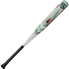 The 2025 Louisville Slugger Atlas (-5) 2 5/8" USSSA Baseball Bat (WBL2981010) features a white and gray design with geometric red and green accents, a black textured grip, one-piece alloy construction, and the Louisville Slugger logo near the barrel.