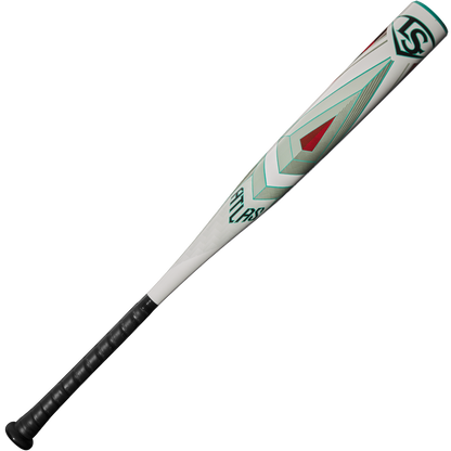 The 2025 Louisville Slugger Atlas (-5) 2 5/8" USSSA Baseball Bat (WBL2981010) features a white and gray design with geometric red and green accents, a black textured grip, one-piece alloy construction, and the Louisville Slugger logo near the barrel.
