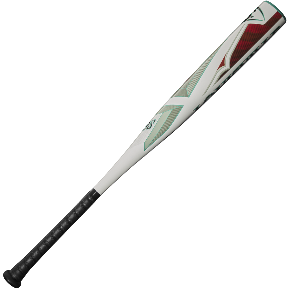 The 2025 Louisville Slugger Atlas (-5) 2 5/8" USSSA Baseball Bat (WBL2981010) features a white and silver design with red and teal accents, a black textured grip, and a balanced one-piece alloy construction.