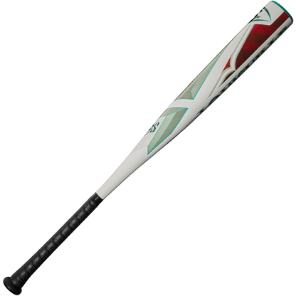 The 2025 Louisville Slugger Atlas (-5) 2 5/8" USSSA Baseball Bat (WBL2981010) features a white and silver design with red and teal accents, a black textured grip, and a balanced one-piece alloy construction.