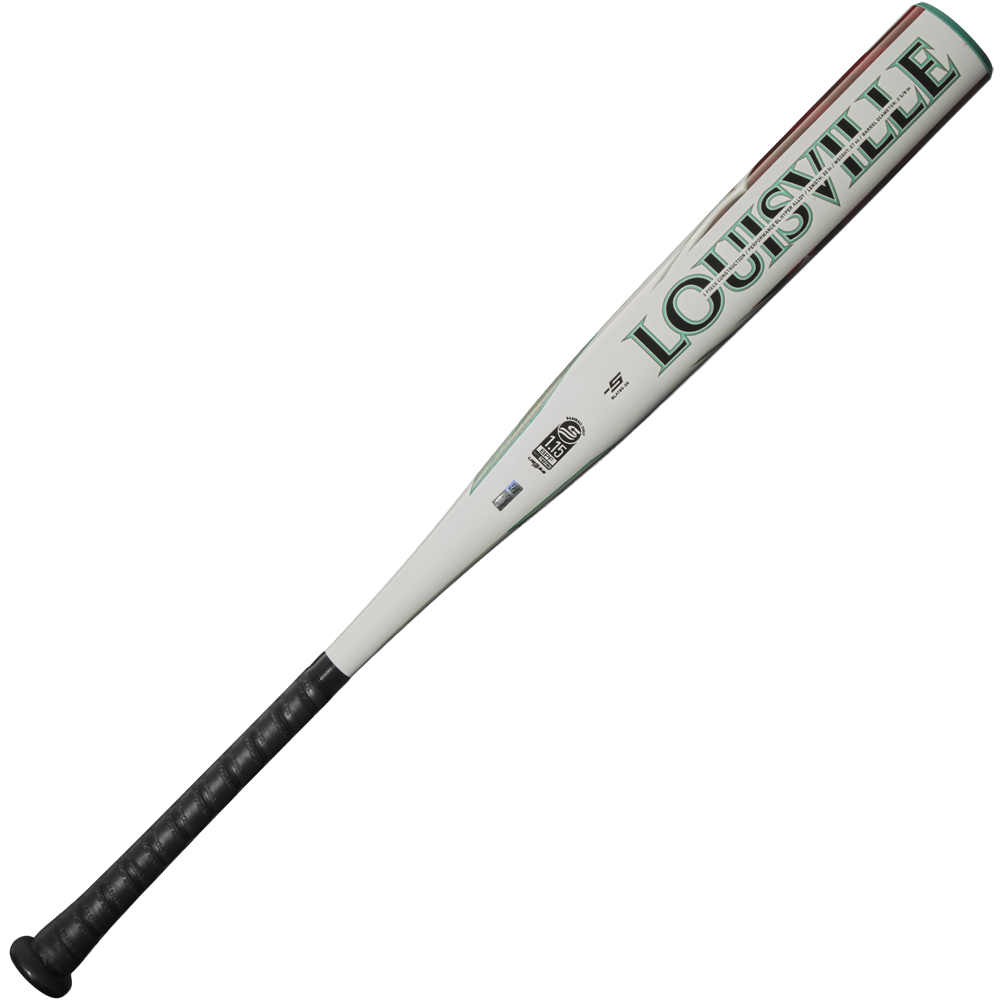 A 2025 Louisville Slugger Atlas (-5) 2 5/8" USSSA Baseball Bat (WBL2981010), featuring a balanced one-piece alloy design, white with green and red accents, and a black grip handle, shown on a plain white background.