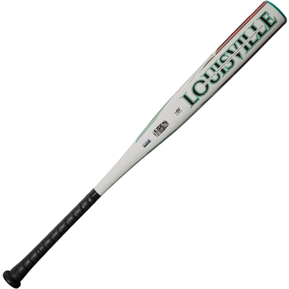 A 2025 Louisville Slugger Atlas (-5) 2 5/8" USSSA Baseball Bat (WBL2981010), featuring a balanced one-piece alloy design, white with green and red accents, and a black grip handle, shown on a plain white background.