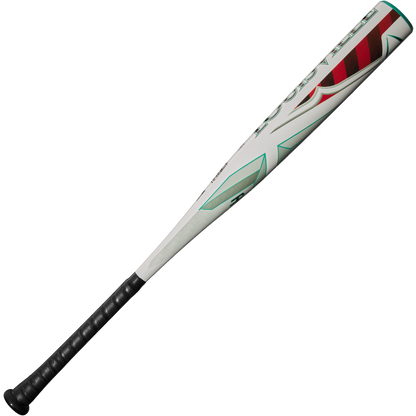 The 2025 Louisville Slugger Atlas (-5) USSSA Baseball Bat (WBL2981010) features a white design with teal and red accents, a black grip handle, and a balanced one-piece alloy build; ideal for USSSA players.
