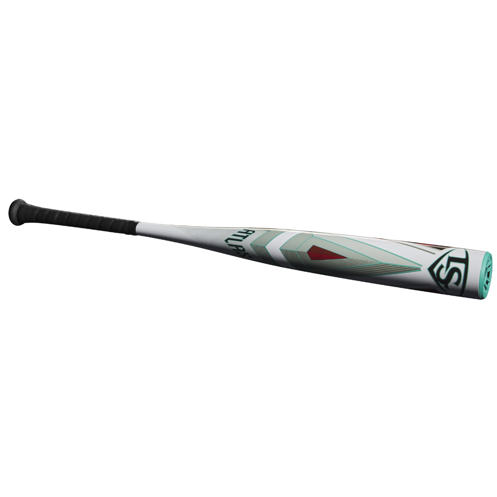 The 2025 Louisville Slugger Atlas (-5) 2 5/8" USSSA Baseball Bat (WBL2981010) features a black grip, white barrel with teal, gray, and red graphics, and is crafted as a balanced one-piece alloy for optimal performance.