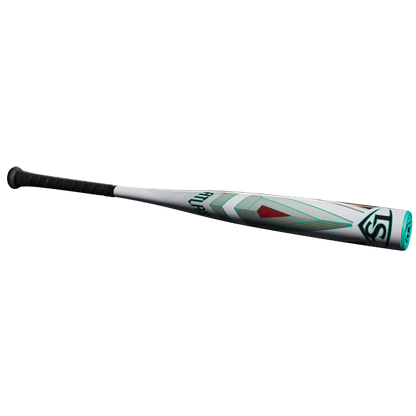 The 2025 Louisville Slugger Atlas (-5) 2 5/8" USSSA Baseball Bat (WBL2981010) features a black grip, white barrel with teal, gray, and red graphics, and is crafted as a balanced one-piece alloy for optimal performance.